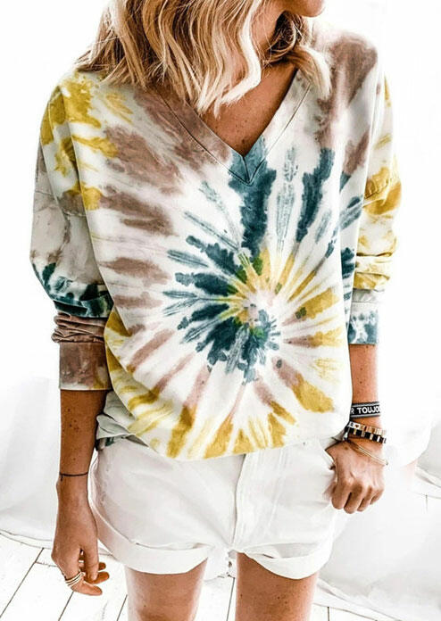 

Tie Dye Swirl Long Sleeve V-Neck Pullover Blouse, Multicolor, 484108