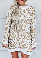 Leopard Splicing Knitted Long Sleeve Sweater Mini Dress