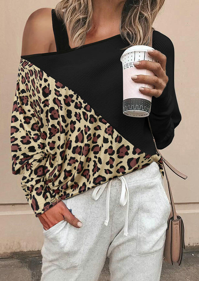 

Leopard Splicing One Sided Cold Shoulder Blouse, Black, 484177