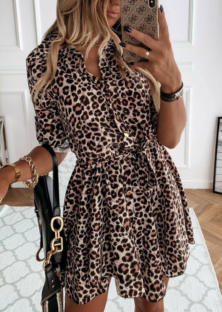 

Leopard Button Turn-Down Collar Tab-Sleeve Mini Dress, 484180