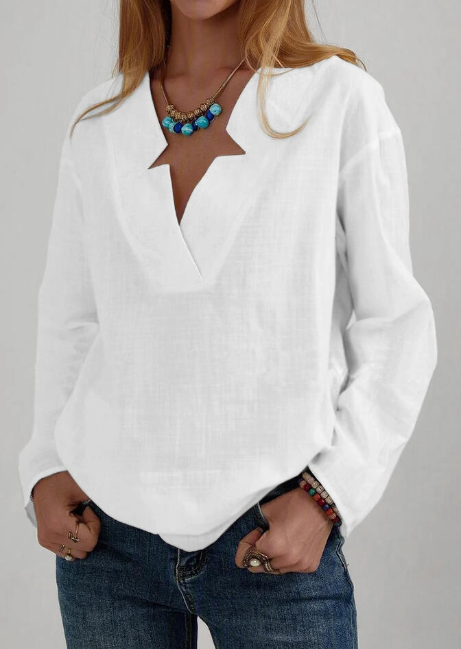 

Asymmetric V-Neck Long Sleeve Blouse - White, 484183