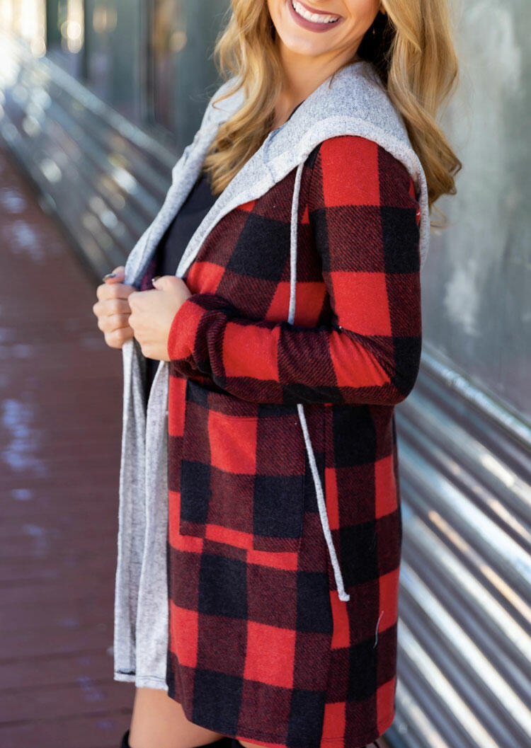 

Buffalo Plaid Splicing Drawstring Hooded Cardigan, 484305