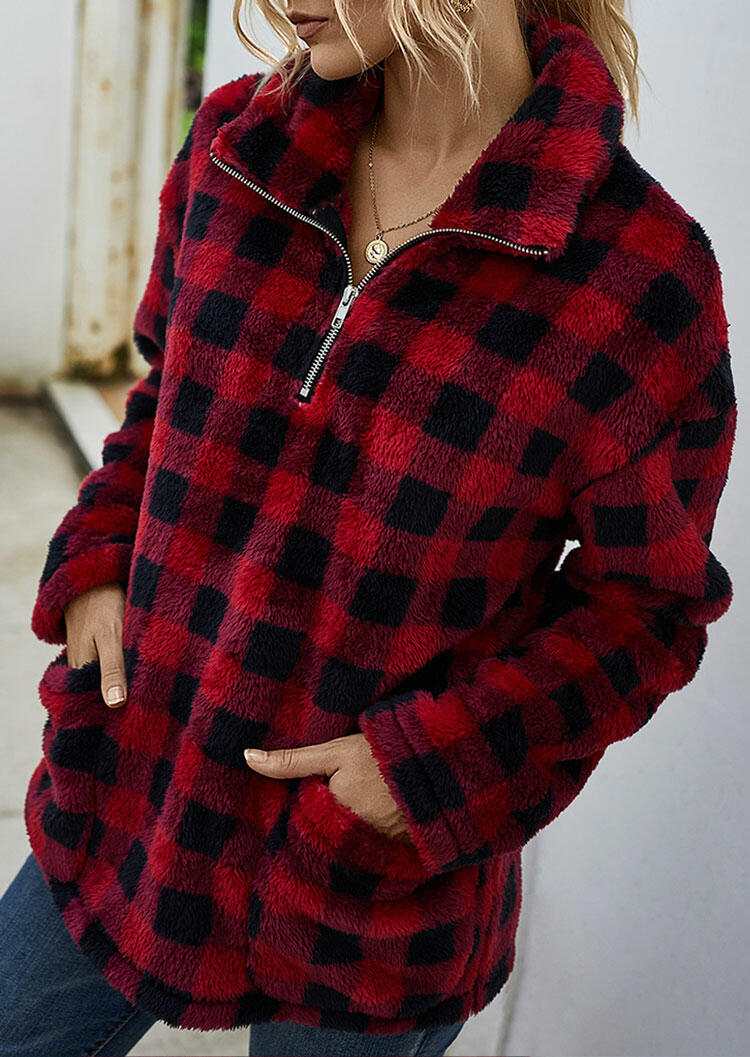 

Buffalo Plaid Pocket Zipper Collar Pullover Warm Sweatshirt - Red, 484355