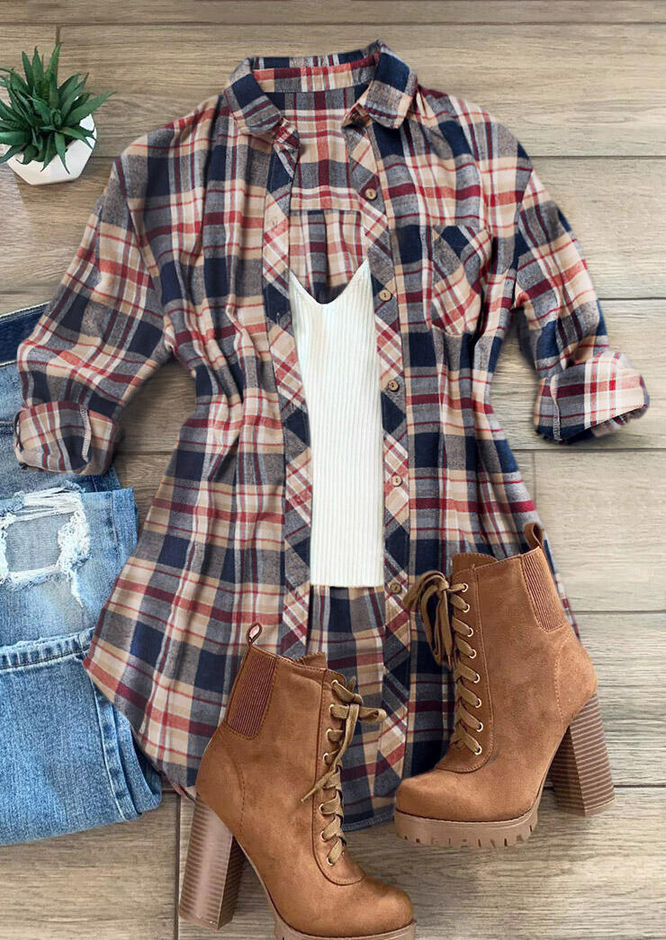 

Plaid Asymmetric Button Pocket Shirt Mini Dress, 484057