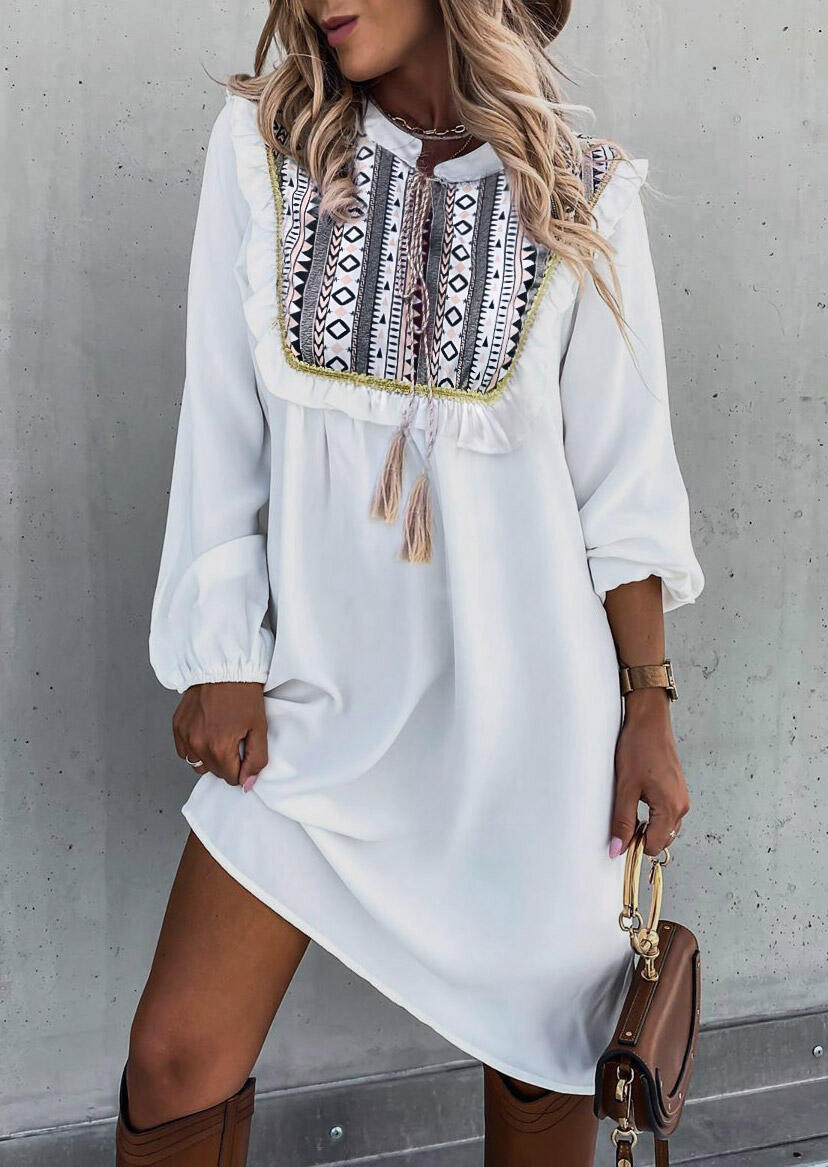 

Aztec Geometric Ruffled Tassel Drawstring Casual Dress - White, 484066