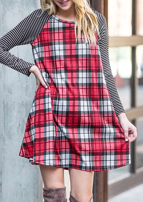 

Plaid Striped Splicing Raglan Sleeve Mini Dress, 484178