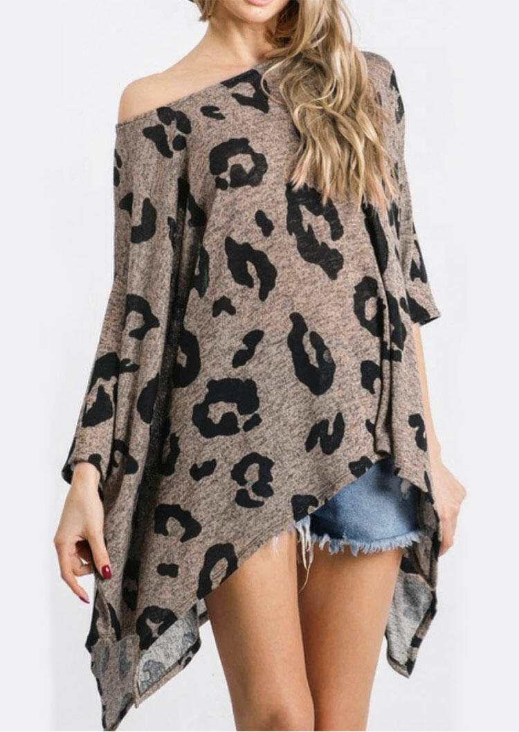 

Leopard Asymmetric Batwing Sleeve Blouse, 484184