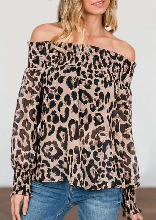 

Leopard Ruffled Off Shoulder Elastic Cuff Asymmetric Blouse, 484194