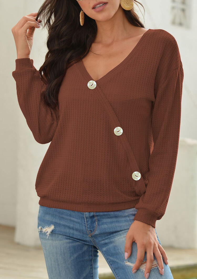 

Button V-Neck Long Sleeve Knitted Blouse - Brown, 484203
