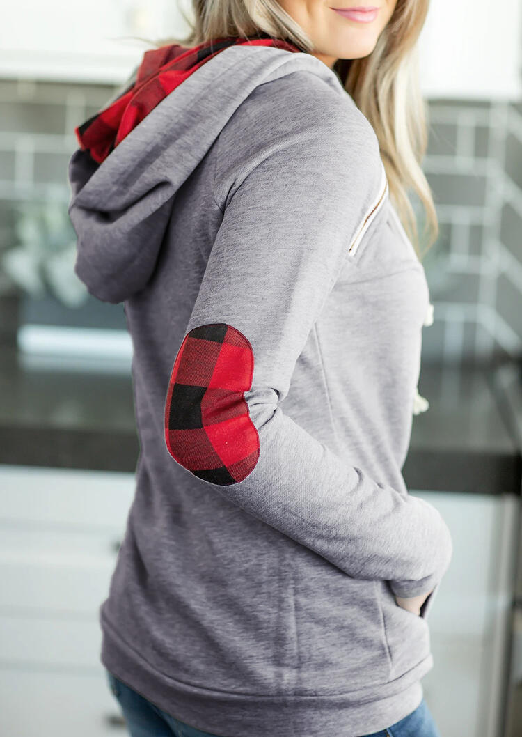 

Buffalo Plaid Elbow Patch Drawstring Kangaroo Pocket Hoodie - Gray, 484259