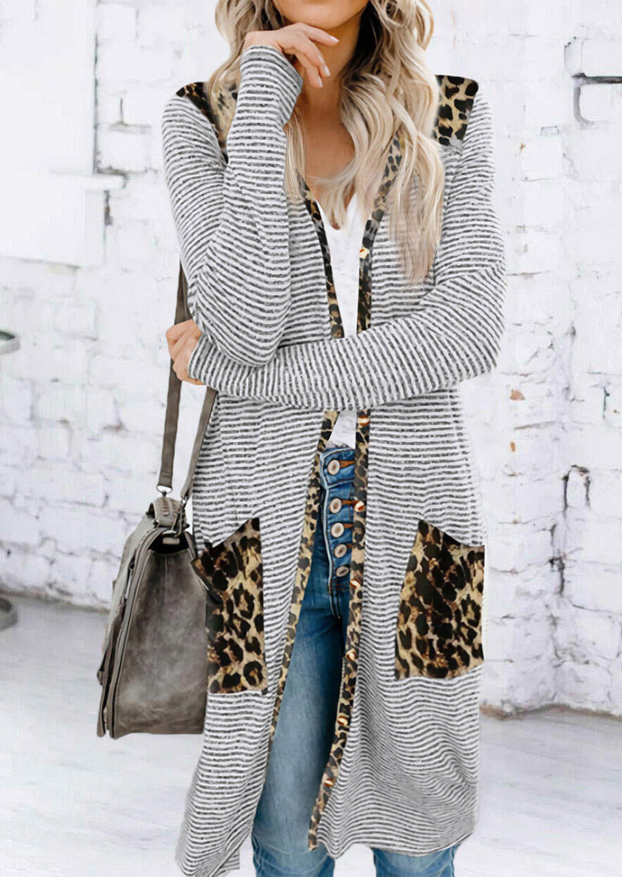 

Striped Leopard Splicing Pocket Asymmetric Cardigan, Stripe, 484303
