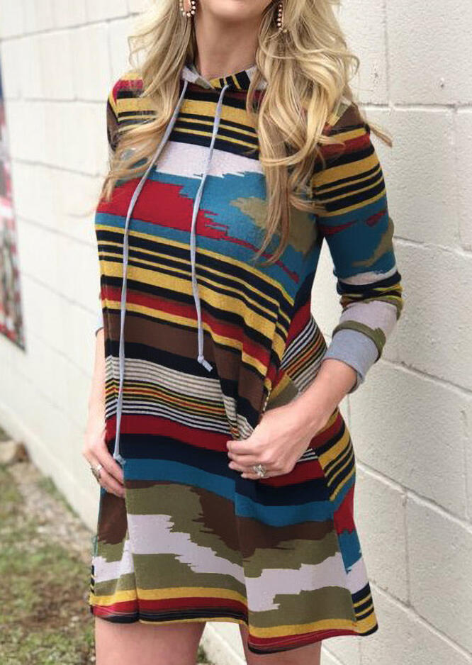 

Colorful Striped Pocket Drawstring Hooded Mini Dress, Multicolor, 484311