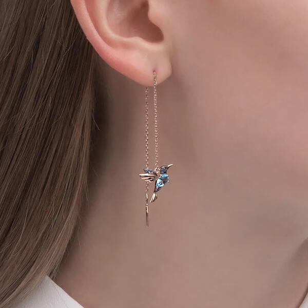 Hummingbird Rhinestone Stud Threader Long Drop Earrings Bellelily