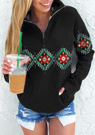 Aztec Geometric Western Cowgirl Zipper Collar Sweatshirt