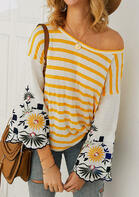 Striped Floral Splicing Flare Sleeve Blouse