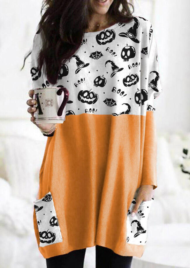 

Halloween Pumpkin Color Block Splicing Pocket Mini Dress - Orange, 484398