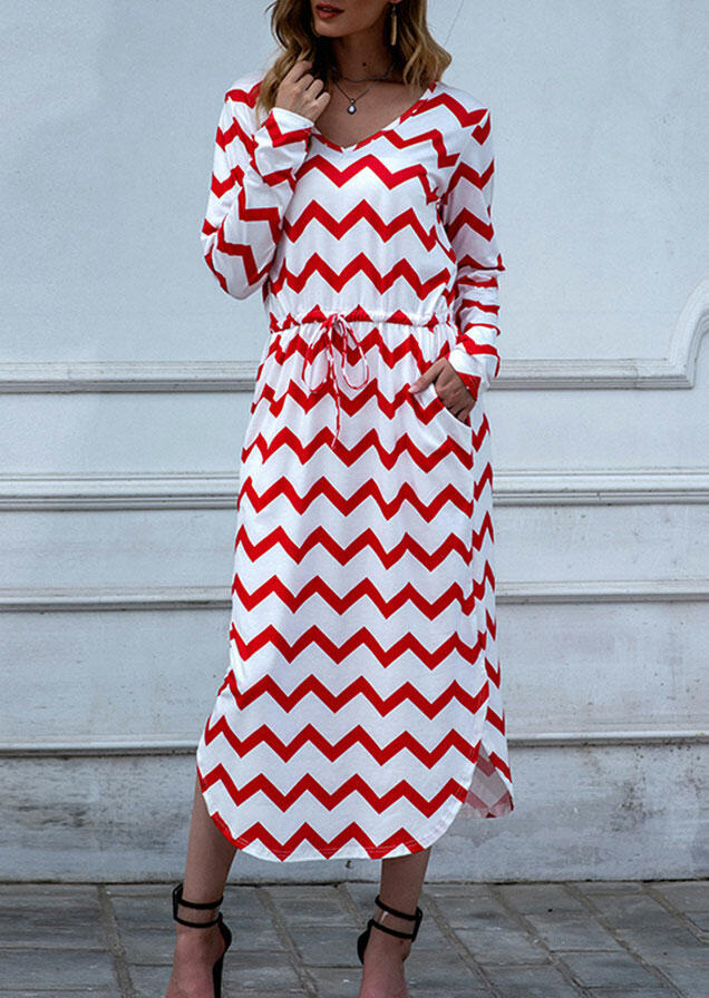 

Wave Striped Drawstring Pocket Slit Casual Dress - Red, 484438