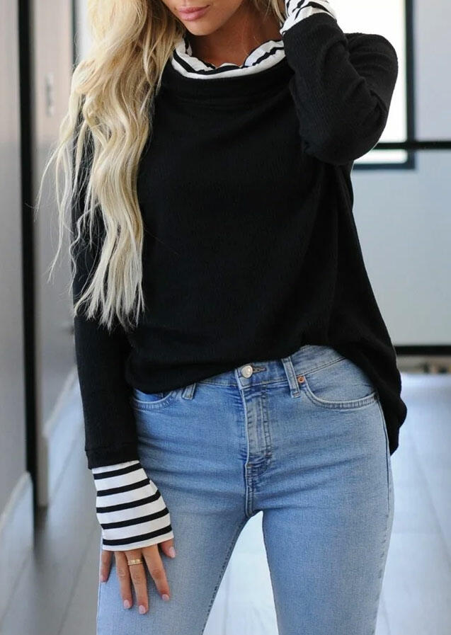 

Striped Splicing Long Sleeve Pullover Hoodie - Black, 484441