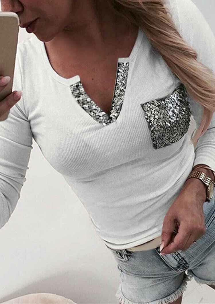 

Sequined Pocket Splicing V-Neck Blouse - White, 484171