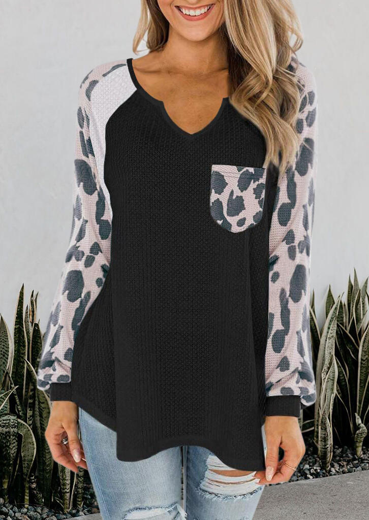 

Leopard Splicing Pocket V-Neck Blouse - Black, 484316