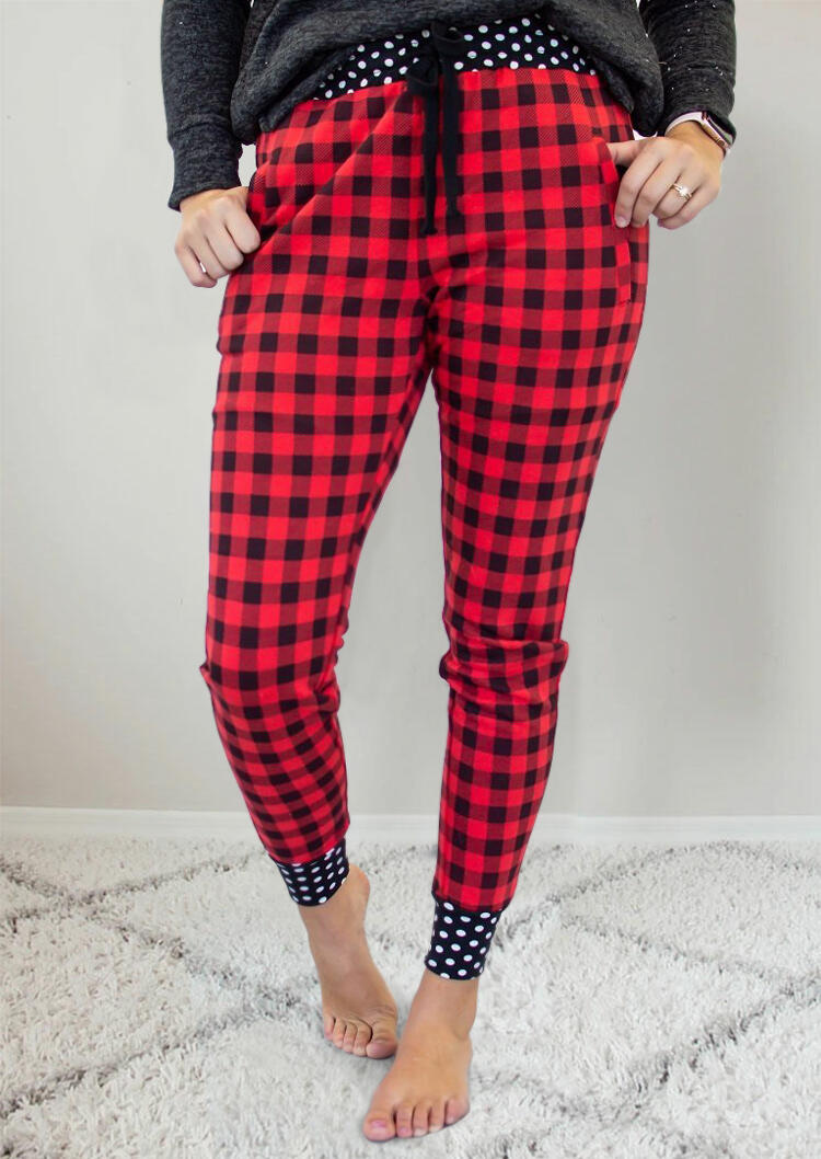 

Buffalo Plaid Polka Dot Splicing Pocket Casual Pants, 484328
