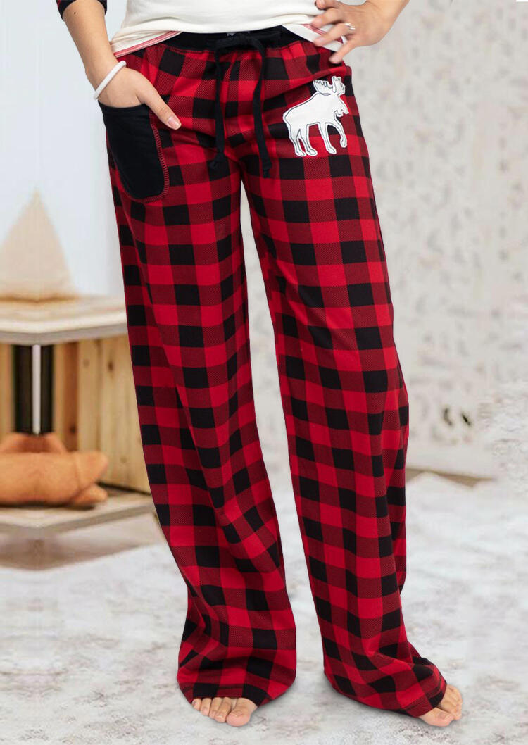 

Christmas Buffalo Plaid Reindeer Pocket Wide Leg Pants, 484343