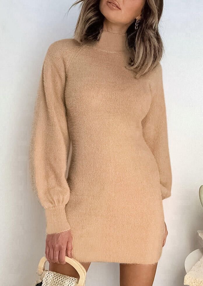 

Lantern Sleeve Turtleneck Knitted Sweater Mini Dress - Light Brown, 484385