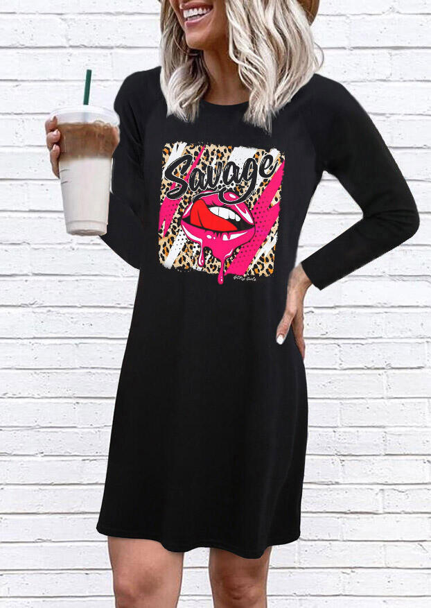 

Savage Leopard Lips Long Sleeve Mini Dress - Black, 484530