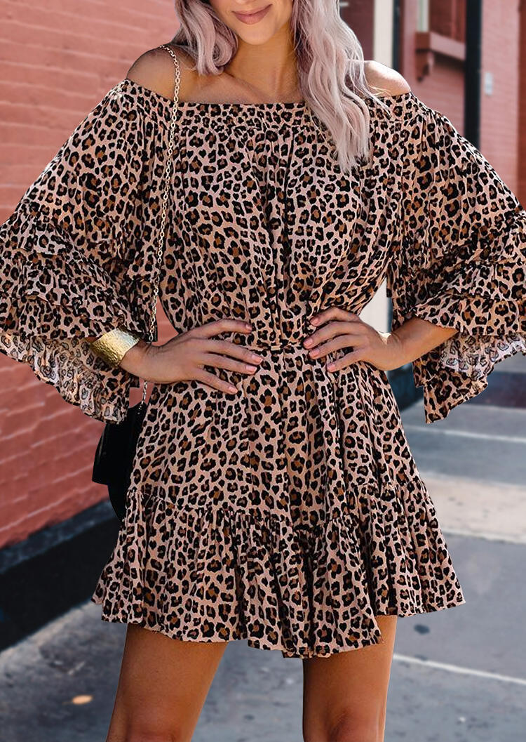 

Leopard Off Shoulder Ruffled Layered Mini Dress, 484558