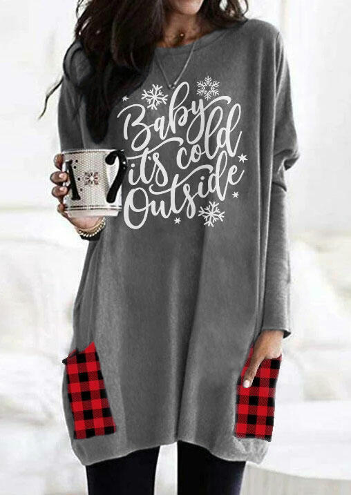

Baby It' Cold Outside Snowflake Plaid Pocket Blouse - Gray, 484561