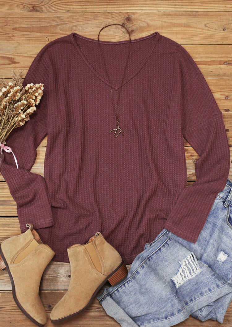 Long Sleeve V-Neck Casual Blouse - Brick Red
