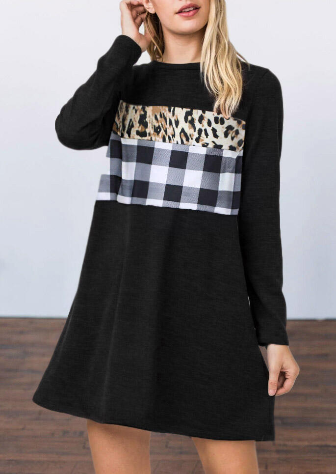 

Leopard Plaid Splicing Loose Mini Dress - Black, 484168