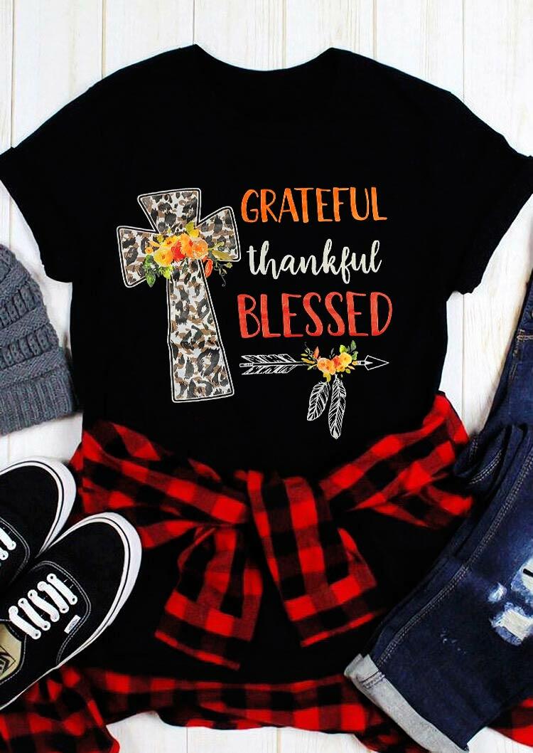 

Leopard Flower Cross Arrow Feather Blessed T-Shirt Tee, Black, 484221