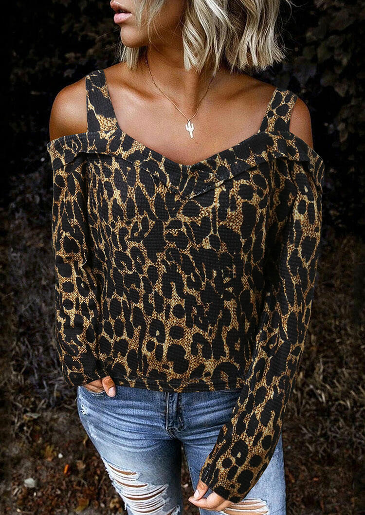

Leopard Cold Shoulder Long Sleeve Blouse, 484320