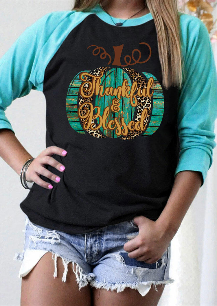 Leopard Pumpkin Thankful & Blessed T-Shirt Tee - Black