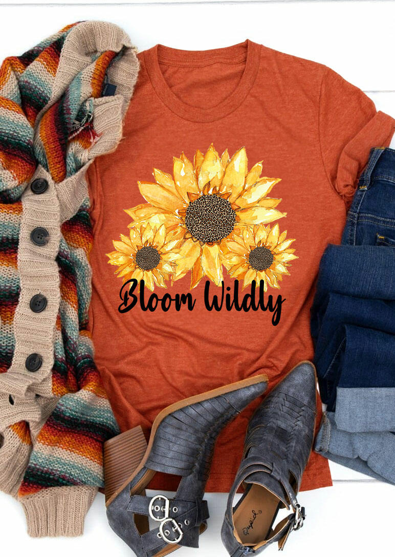 

Bloom Wildly Leopard Sunflower O-Neck T-Shirt Tee - Orange, 484538