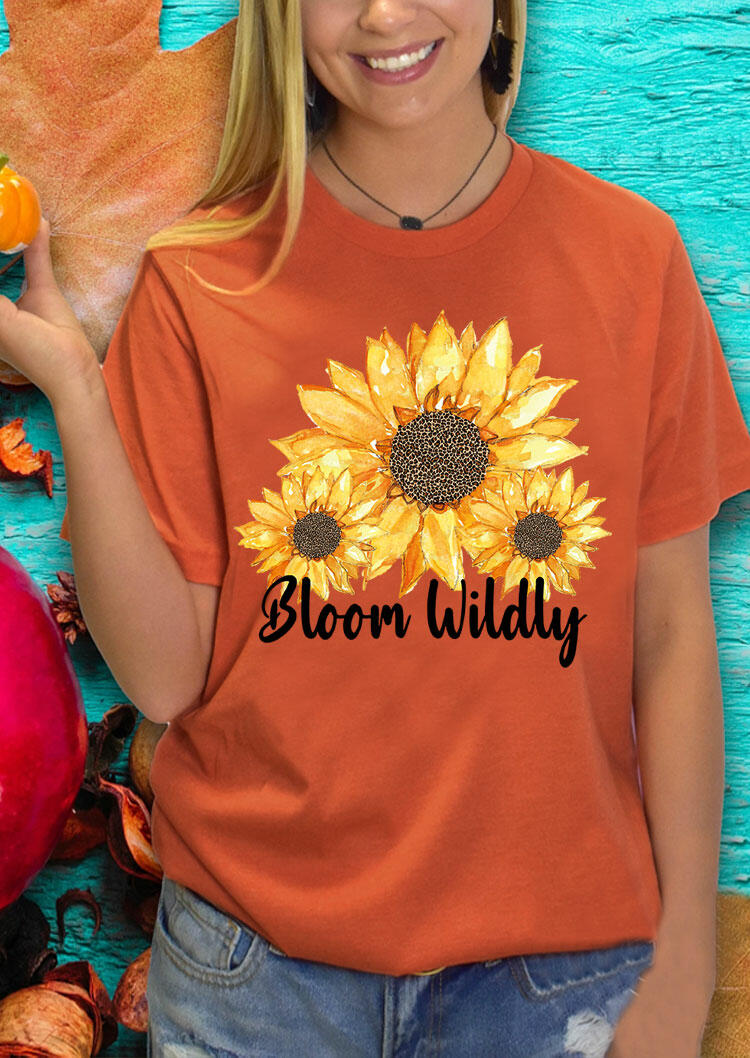 Kaufen Bloom Wildly Leopard Sunflower O-Neck T-Shirt Tee - Orange. Bild