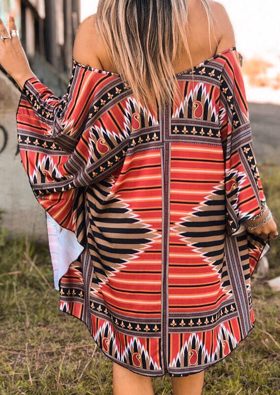 

Aztec Geometric Off Shoulder Batwing Sleeve Mini Dress, Multicolor, 484643
