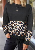 Leopard Splicing Drawstring Pullover Sweatshirt