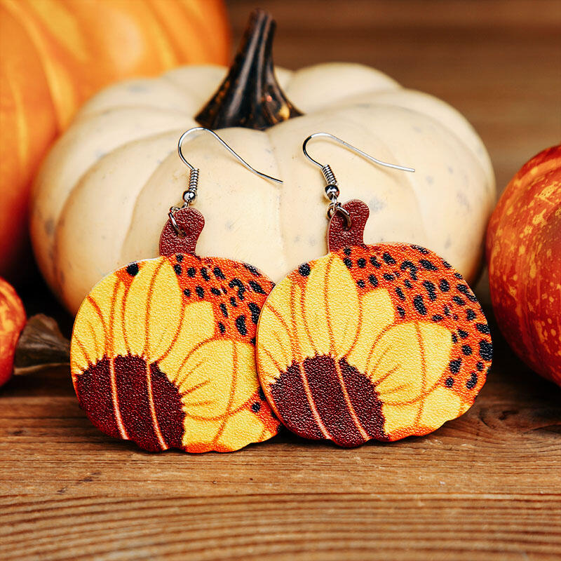 

Plaid Sunflower Leopard Pumpkin Leather Earrings, 484420