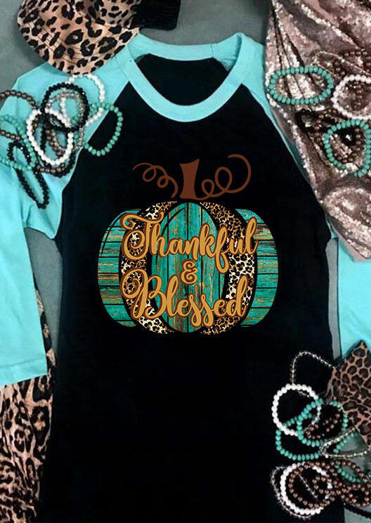 

Leopard Pumpkin Thankful & Blessed T-Shirt Tee - Black, 484445