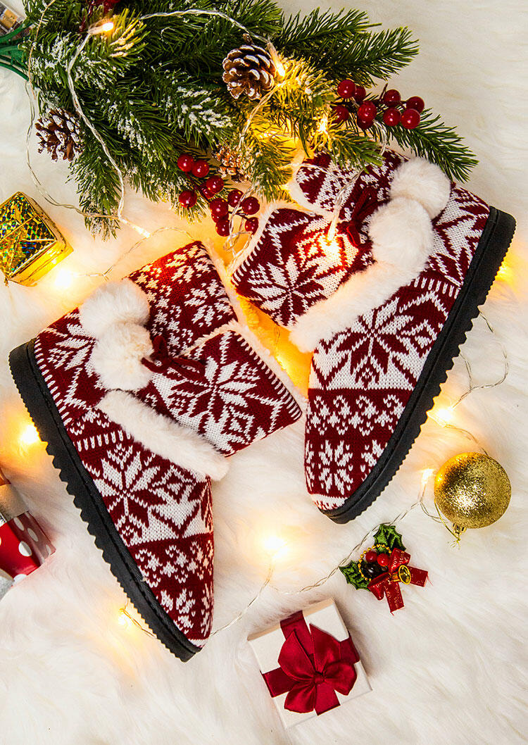 

Christmas Knitted Snowflake Winter Warm Plush Boots - Red, 484452