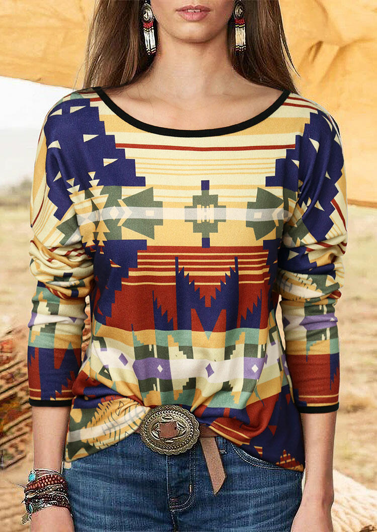 

Aztec Geometric Long Sleeve Blouse, Multicolor, 484550