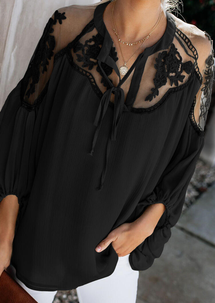 

Lace Mesh Splicing Ruffled Elastic Cuff Blouse - Black, 484613
