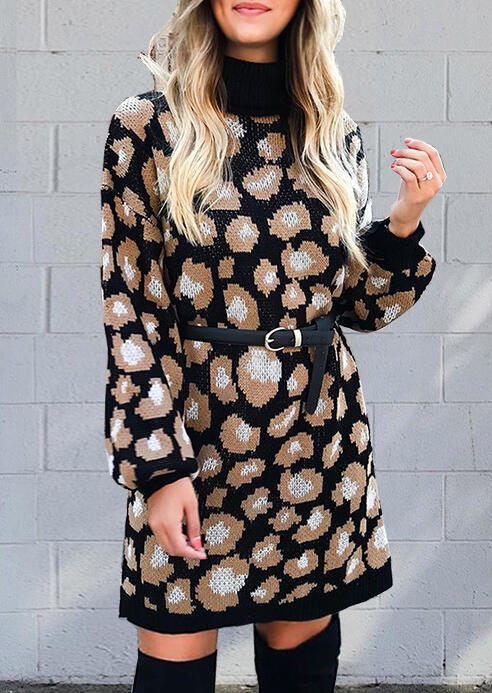 

Leopard Turtleneck Long Sleeve Sweater Mini Dress without Belt - Black, 484614