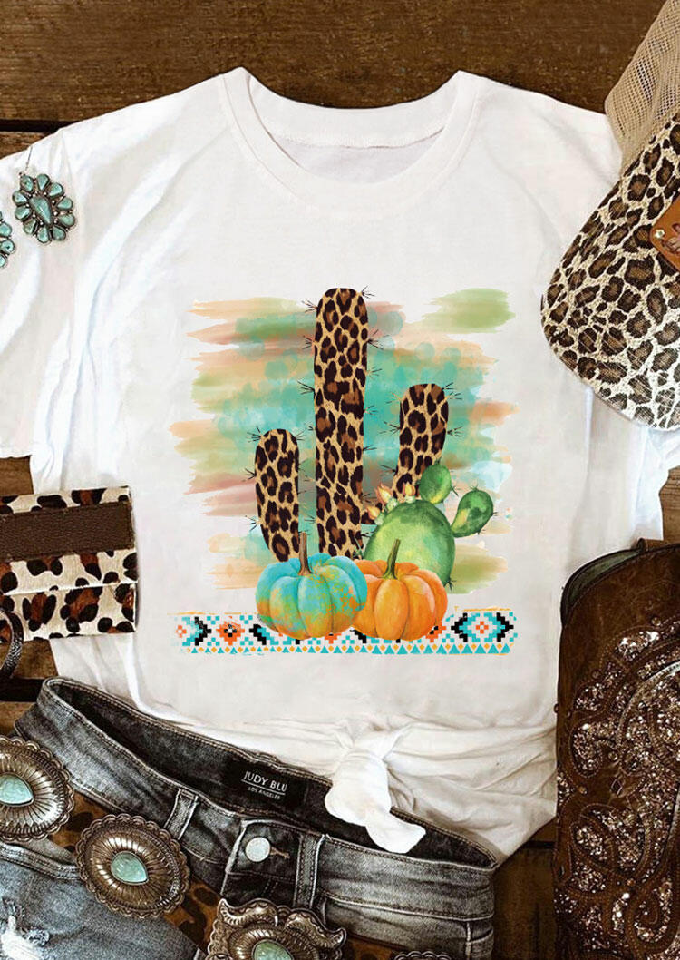 

Leopard Cactus Pumpkin Aztec Geometric T-Shirt Tee - White, 484647