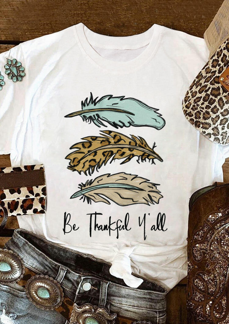

Leopard Be Thankful Y'all Feather T-Shirt Tee - White, 484650