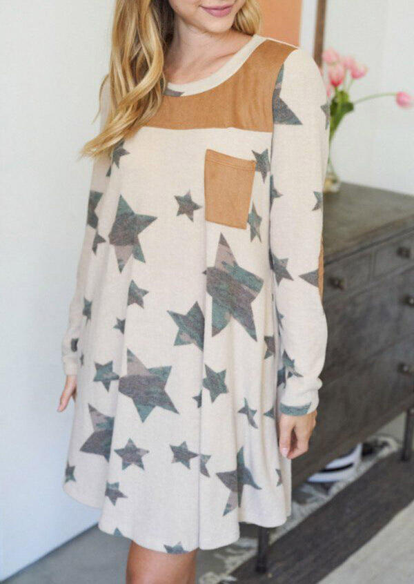 Camouflage Star Pocket Elbow Patch Casual Mini Dress - Apricot