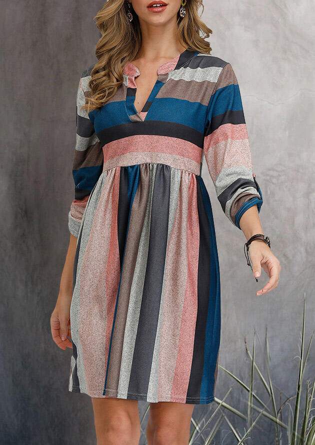 

Colorful Striped V-Neck Three Quarter Sleeve Mini Dress, Multicolor, 484924
