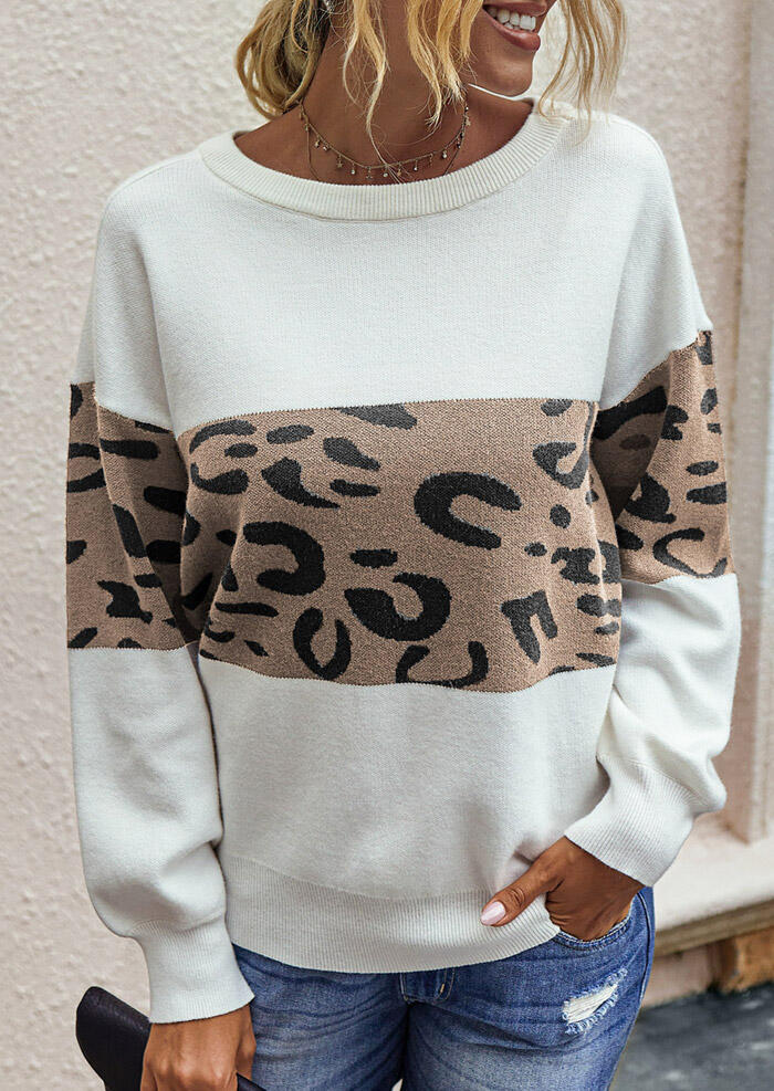 Leopard Splicing Knitted Pullover Sweater - White - Bellelily